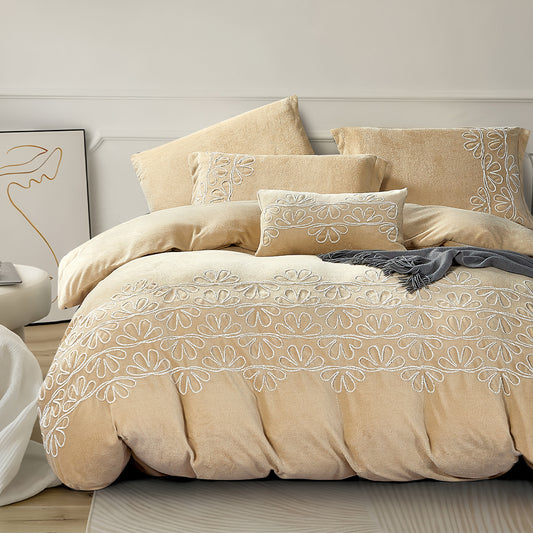 Beige Comforter Set with Elegant Floral Embroidery