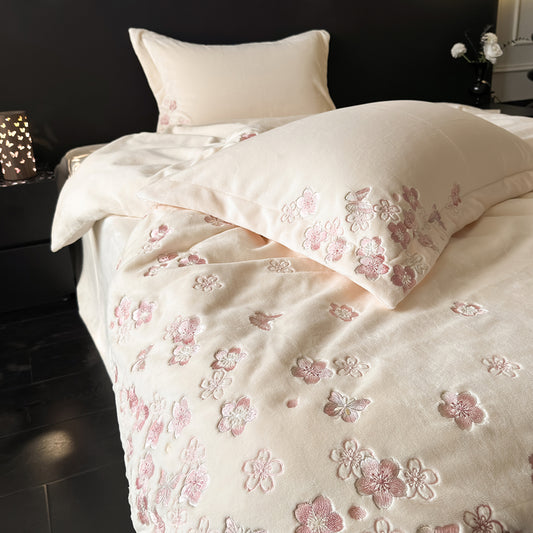 Ivory Sakura Embroidered Duvet Cover Set Queen, 100% Polyester Microfiber Soft Bedding with Pillowcases, Japanese Cherry Blossom Room Decor, OEM ODM Factory Custom Size & Private Label Service