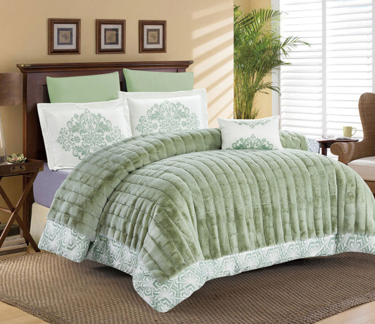 Custom Sage Green Faux Fur Comforter Set | OEM & ODM Bedding Manufacturer | Soft Microfiber Plush Quilt | Factory Direct Luxury Home & Hotel Bedding Supplier