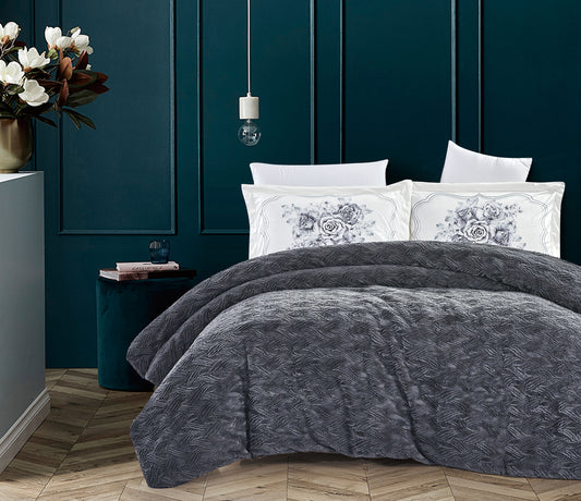 Custom Charcoal Gray Faux Fur Comforter Set | OEM & ODM Bedding Manufacturer | Embossed Plush Microfiber Quilt | Factory Direct Hotel & Home Luxury Bedding Supplier