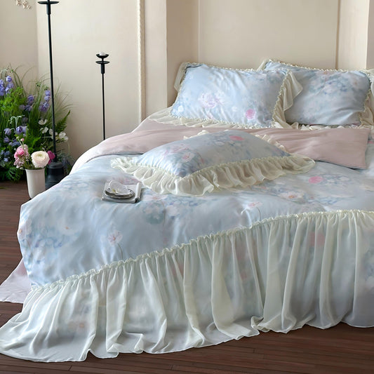 Ruffled Pink Floral Duvet Cover Set Queen, 100% Polyester Microfiber Bed Skirt Style Bedding, Shabby Chic Romantic Design, OEM ODM Factory Direct Custom Size & Packaging