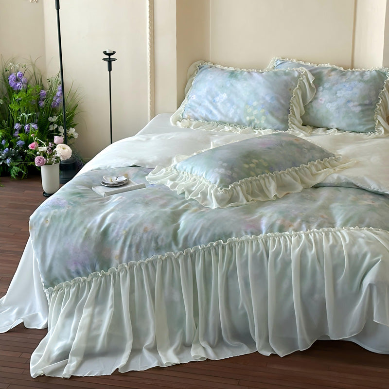 Ruffled Pink Floral Duvet Cover Set Queen, 100% Polyester Microfiber Bed Skirt Style Bedding, Shabby Chic Romantic Design, OEM ODM Factory Direct Custom Size & Packaging