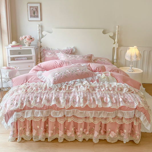 Puff Pink Ruffle Floral Duvet Cover Set Queen, 100% Polyester All-Season Bedding with Embroidered Mesh Skirt & Pillow Shams, Cottage Princess Bed Set, OEM ODM Factory Custom Design & Logo