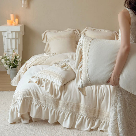 Vintage Cream Ruffle Duvet Cover Set Full/Queen, 100% Polyester Lace Trim Bedding with Pillow Shams, Romantic Sweetheart Princess Style, OEM ODM Factory Custom Bridal & Hotel Projects
