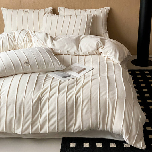 Ivory Ribbed Plush Duvet Cover Set Queen, 100% Polyester Fleece Minimal Bedding with Pillow Shams, Neutral Cozy Bed Set, OEM ODM Factory Custom Size & Private Label Support
