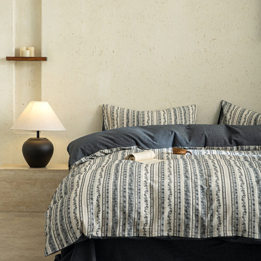 Reversible Grey Stripe Duvet Cover Set Queen, 100% Polyester Microfiber Neutral Scandinavian Farmhouse Bedding with Pillowcases, Bedding Factory OEM ODM Custom Production for Brands & Hotels