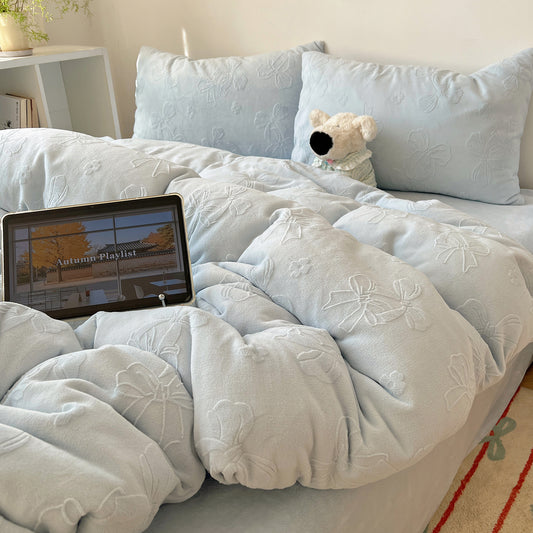 Powder Blue Bow Embossed Milk Fleece Comforter Cover Set Twin/Full, 100% Polyester Plush Bedding with Pillowcases, Cozy K-Style Room Decor, OEM ODM Factory Custom Sizes & Design