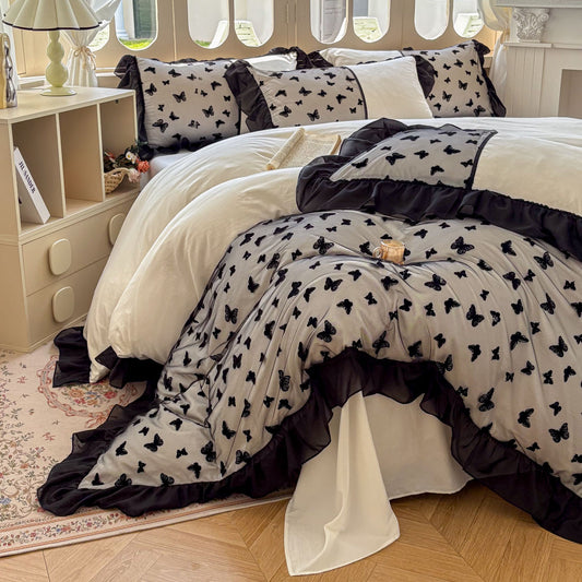 Beige Black Butterfly Duvet Cover Set Queen, 100% Polyester Sheer Ruffle Bedding for All Seasons, Factory OEM ODM Custom Size & Logo, Butterfly Pattern Comforter Cover