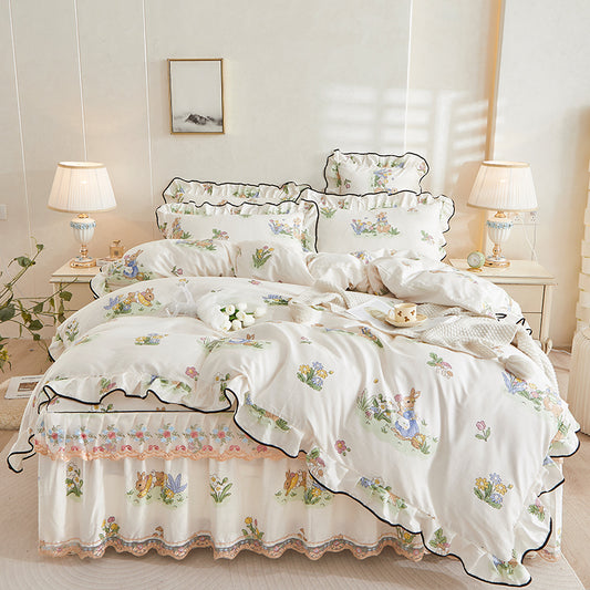 Spring Garden Ruffle Floral Duvet Cover Set Queen, 100% Polyester All-Season Bedding with Bed Skirt & Black Piping, Cottagecore Farmhouse Style, OEM ODM Factory Custom Print & Size Available