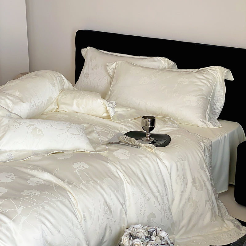 Cloud Dream Ivory Jacquard Satin Duvet Cover Set King, 100% Polyester Luxury Hotel Bedding with Pillow Shams, Tone-on-Tone Floral, OEM ODM Factory Custom Size & Private Label