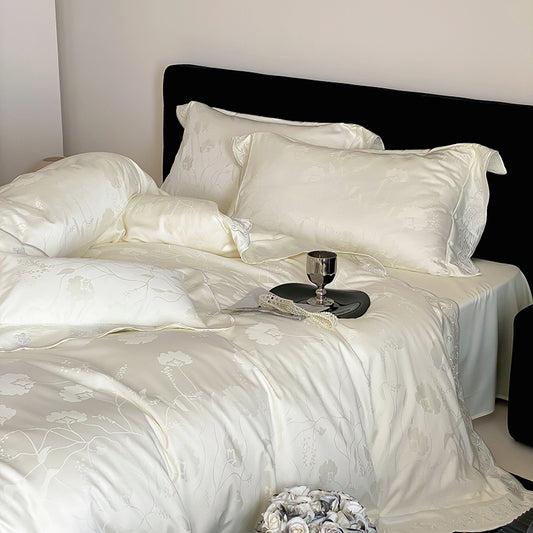 Cloud Dream Ivory Jacquard Satin Duvet Cover Set King, 100% Polyester Luxury Hotel Bedding with Pillow Shams, Tone-on-Tone Floral, OEM ODM Factory Custom Size & Private Label