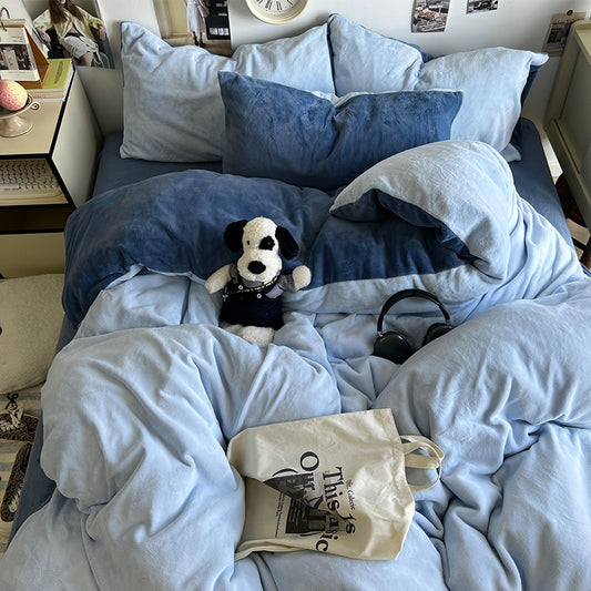 Dual-Tone Light Blue & Denim Plush Comforter Cover Set Twin/Full, 100% Polyester “Milk Fleece” Cozy Bedding with Pillowcases, Reversible Winter Dorm Bed Set, OEM ODM Factory Custom Color & Bulk Service