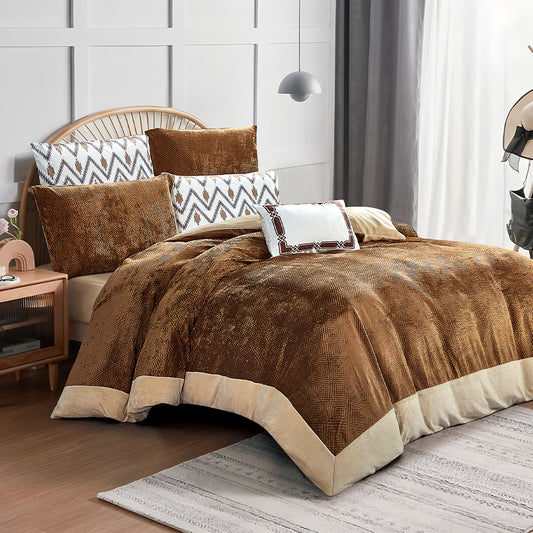 Warm Velvet 7-Piece Bedding Set in Rich Brown with Decorative Pillows and Geometric Design