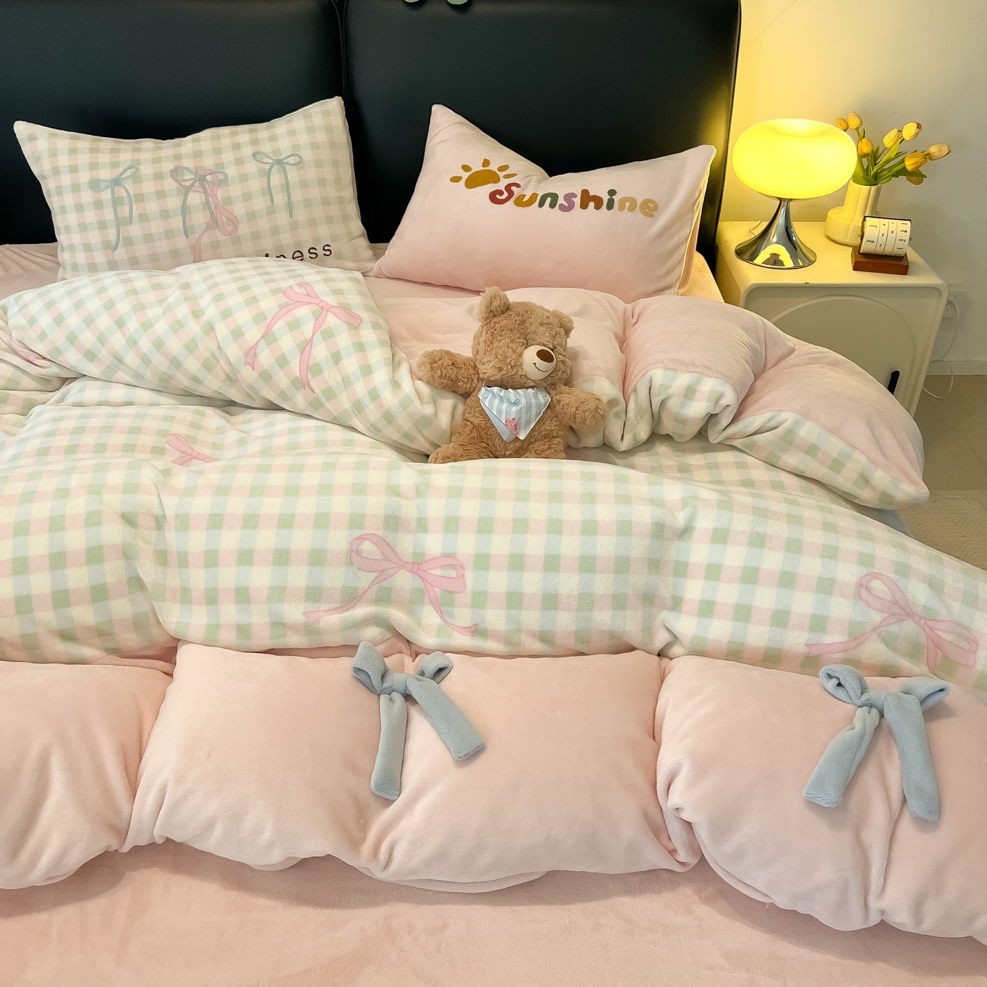 Kawaii Bow Gingham Milk Fleece Comforter Cover Set Twin/Full, Pink 100% Polyester Plush Bedding with Pillowcases, Princess Dorm Bed Style, OEM ODM Bedding Factory Customized Design & Wholesale