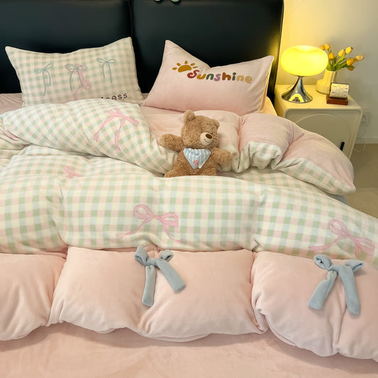 Kawaii Bow Gingham Milk Fleece Comforter Cover Set Twin/Full, Pink 100% Polyester Plush Bedding with Pillowcases, Princess Dorm Bed Style, OEM ODM Bedding Factory Customized Design & Wholesale