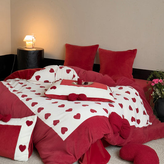 Romantic Red Heart Plush Duvet Cover Set Queen, 100% Polyester Fleece Bedding with Bow Cushions, Couple & Valentine Bedroom Décor, OEM ODM Factory Custom Size Logo & Gift Packaging