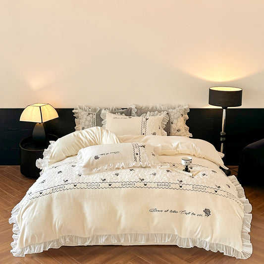 Ivory Black Embroidered Ruffle Duvet Cover Set Queen, 100% Polyester Soft Bedding with Pillow Shams, Monochrome Chic Bedroom Style, OEM ODM Factory Custom Logo & Design for Brands
