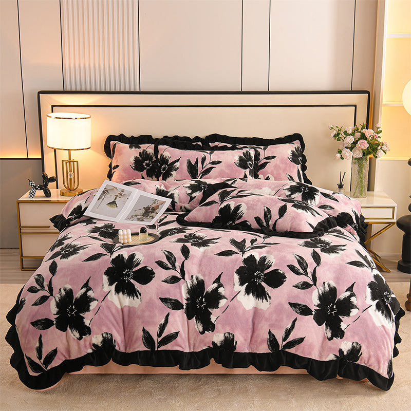 Black Floral Plush Duvet Cover Set Full/Queen, 100% Polyester Pink Flannel Bedding with Ruffle Edge Pillow Shams, Glam Hotel Bedroom Style, OEM ODM Bedding Manufacturer Custom Logo & Bulk Order Service