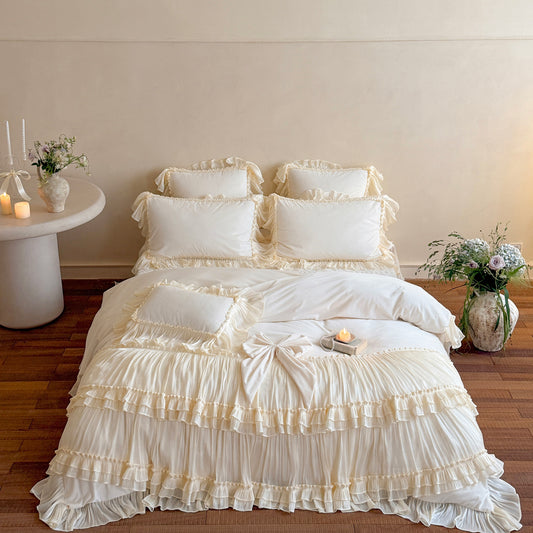 Cream Princess Ruffle Comforter Cover Set Queen, 100% Polyester Layered Skirt Bedding with Pillow Shams, Romantic Cottagecore Bedroom, OEM ODM Factory Custom Bridal & Hotel Bedding