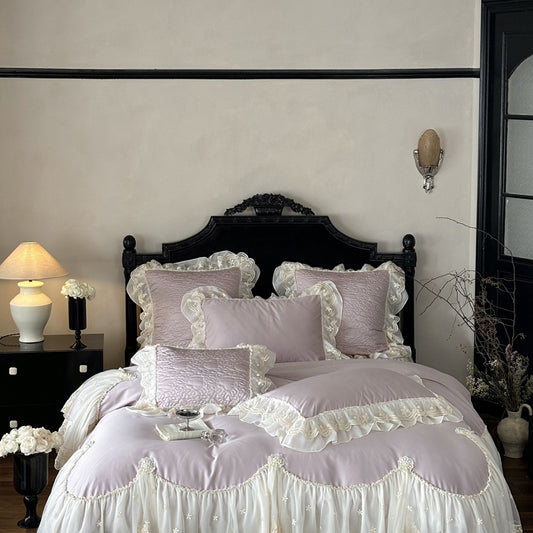 Lavender Velvet Princess Duvet Cover Set Queen, 100% Polyester Ruffled Lace Skirt Bedding, Vintage Romantic Style, OEM ODM Factory Custom Color, Size & Logo
