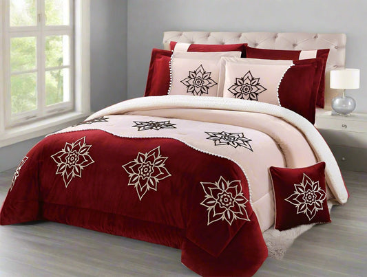 A king-size bedding set with red and white colors, featuring lace and pom-pom designs, displayed on a bed with a window in the background.