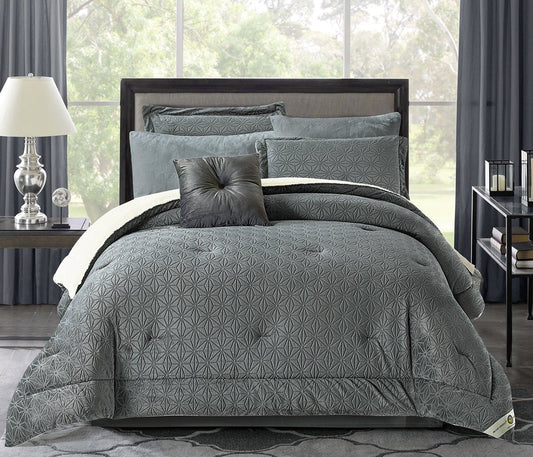 A silver-grey and beige striped king-size comforter set with 3D micro-striping, displayed with two velvet pillowcases, a comforter, and a bed skirt.