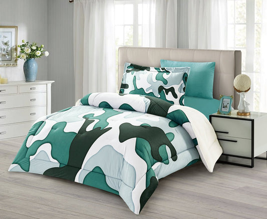 A king-size bedding set with a geometric pattern, featuring a comforter, pillow shams, and a bedsheet in ombre colorblock design, displayed in a bedroom setting.