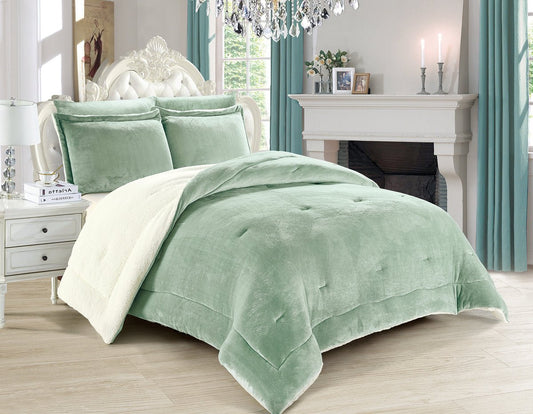 A mint green quilted fleece bedding set with a 3D diamond stitch, luxury hotel collection, displayed in a room setting with two velvet pillowcases, a comforter, and a bedsheet.