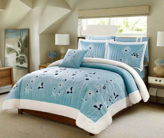 7-Piece Bedding Set Queen Size – Sky Blue Floral Embroidered Comforter with Pillow Shams, Private Label Comforter | Custom Size and Fabric OEM Bedding Manufacturer