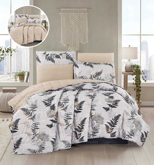 7 - Piece Reversible Comforter Set – Beige & Black Fern Leaf Pattern Bedding with Matching Pillow Shams and Solid Accent Pillows, Soft Microfiber Quilt Set - Bedding Factory&Supplier