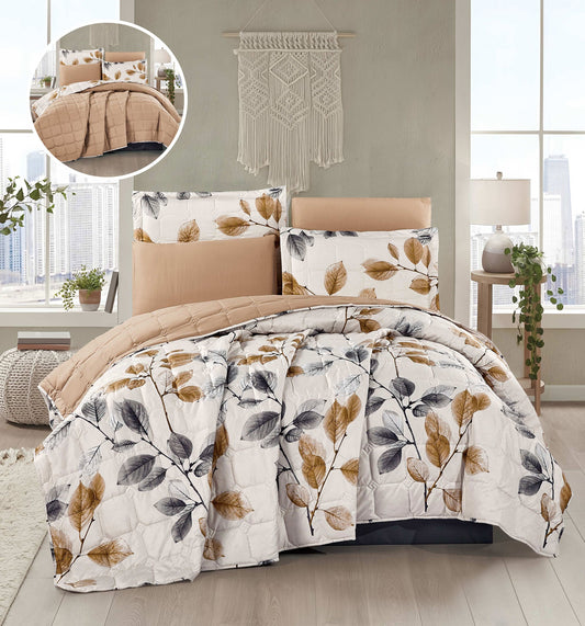 7 - Piece Reversible Comforter Set – Beige & Botanical Leaf Print Bedding with Matching Pillow Shams and Decorative Cushions, All - Season Microfiber Quilt Set - Bedding Factory&Supplier