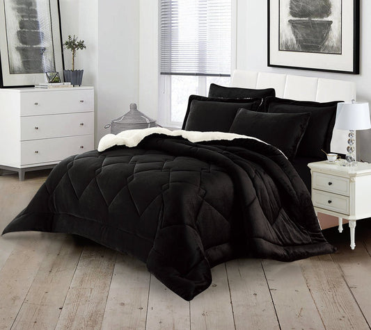 A luxury black gloss quilted comforter set on a king-sized bed, with a 3D diamond stitch design, displayed in a modern bedroom setting with white furniture and decorative room elements.