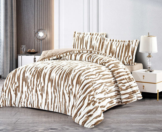 A king-size bedding set with a mocha and cream striped pattern displayed on a bed, including a comforter and two pillow shams.
