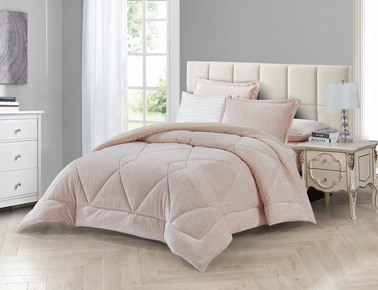 A beige striped quilted bedding set on a bed with a beige headboard, in a room with a nightstand, lamp, and a window.