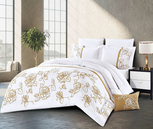 A white bedding set with gold rose patterns displayed on a bed, including a comforter, bed sheets, and pillowcases.