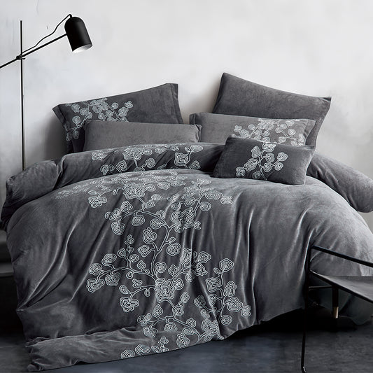 Gray Comforter Set with White Embroidered Floral Design