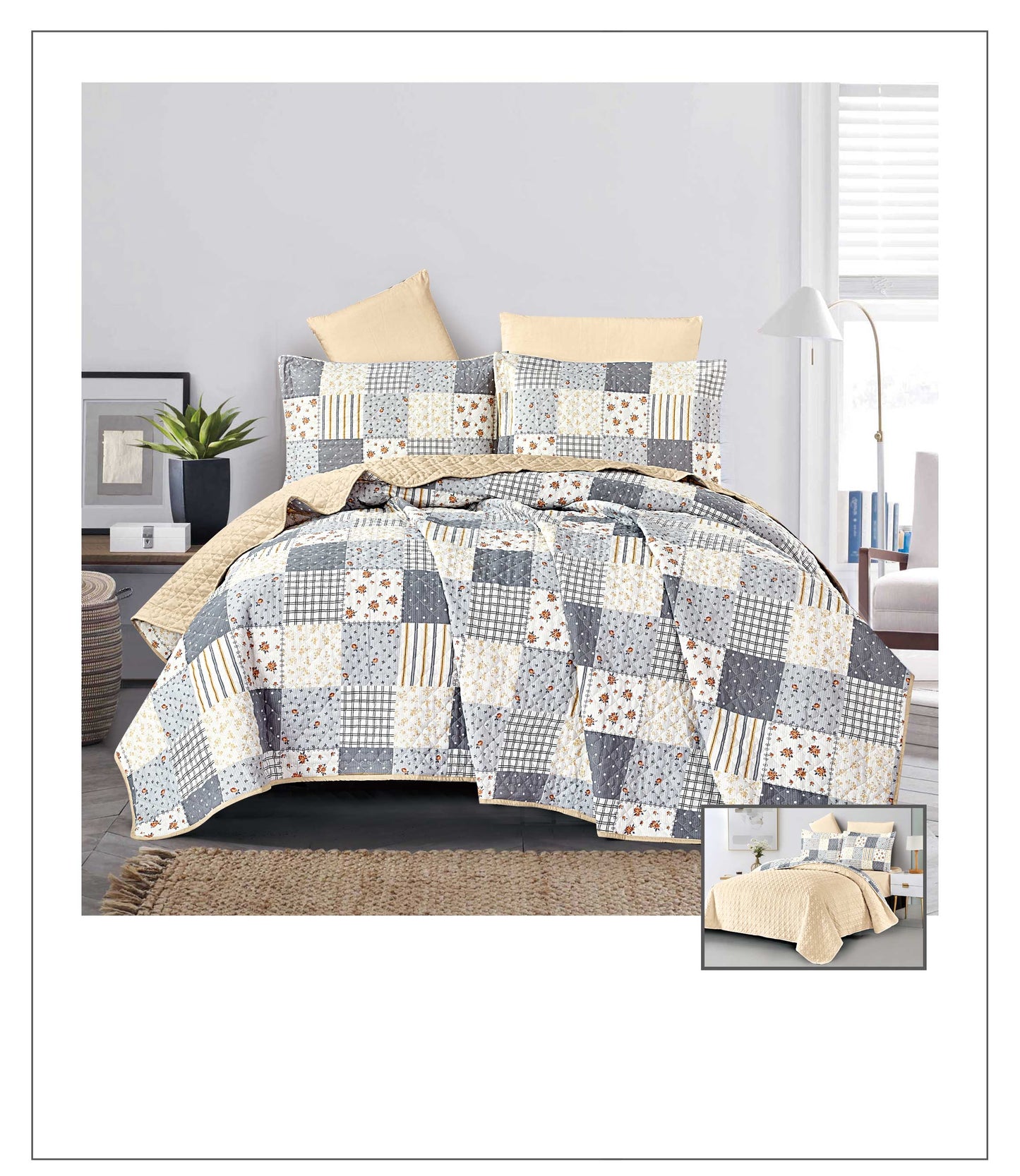 Patchwork quilt set on a bed in a bedroom setting