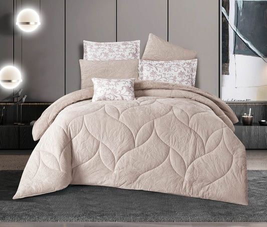 A beige king-size comforter with a quilted floral design, displayed with matching pillows. The bedding set appears plush and is designed for thermal insulation.