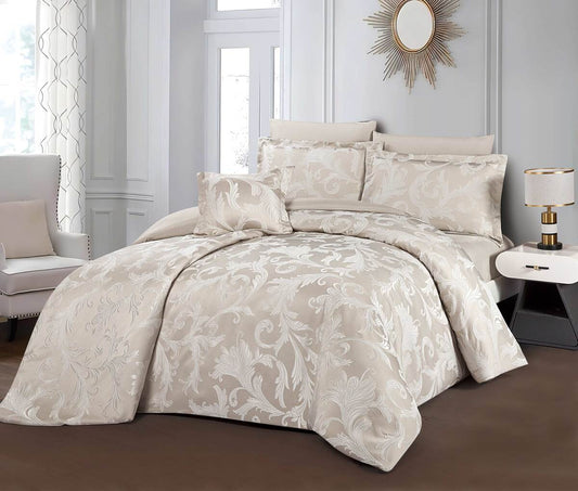 A beige bedding set with a floral pattern, displayed in a bedroom setting.