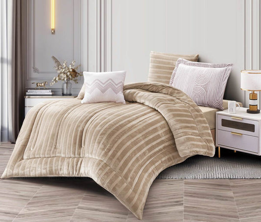 A beige and white vertical striped flannel comforter set on a bed, with matching pillows and comforter displayed in a bedroom setting.