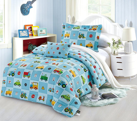 A bedding set with a checkered pattern featuring various vehicles, displayed in a bedroom setting.