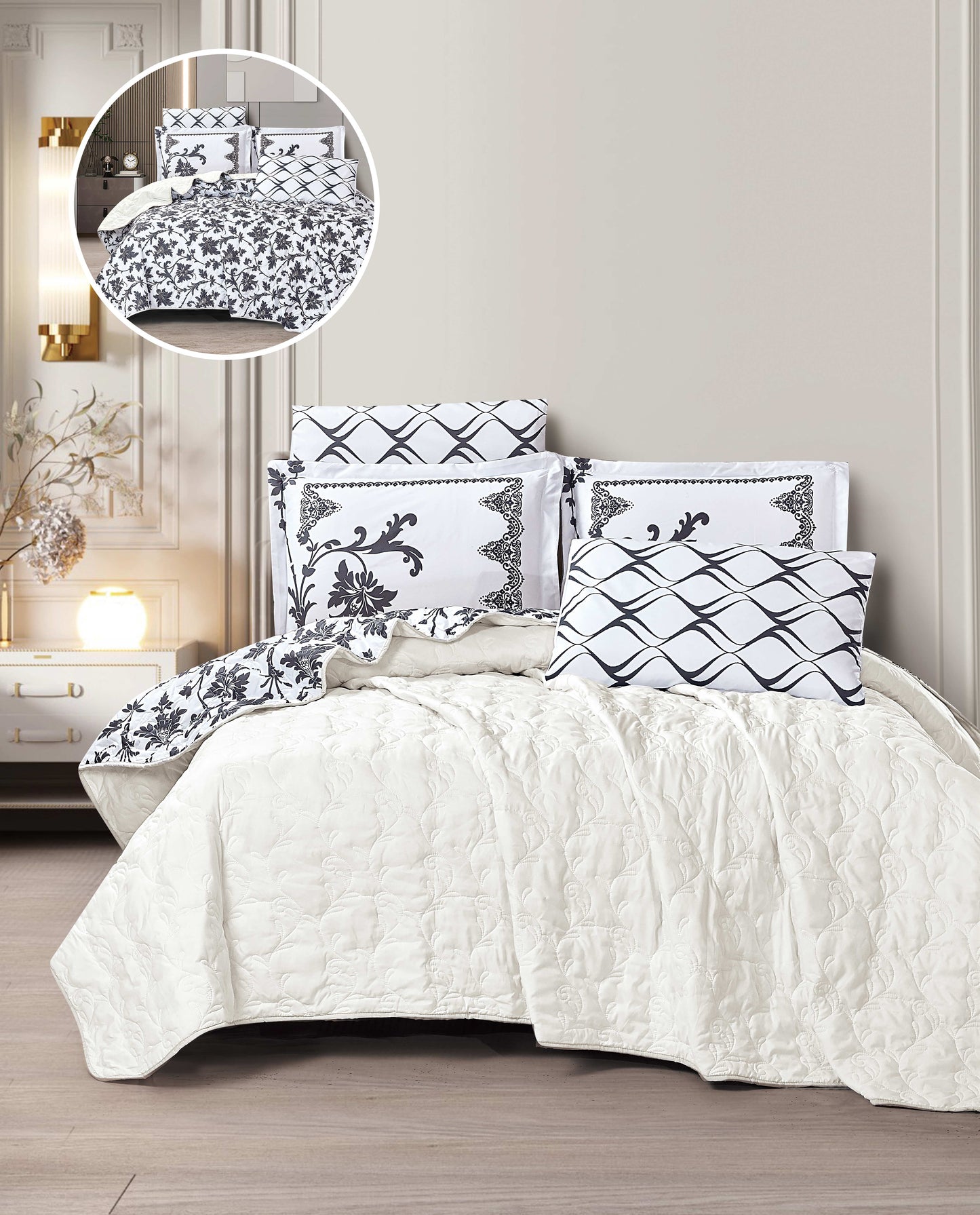 Cozy Reversible Microfiber Bedspread Set | Soft Green & White Floral Bedding with 1 Bedspread, 2 Pillowcases & 2 Shams | Lightweight All-Season Comforter for Bedroom Décor | Twin, Full, Queen, King, Cal King