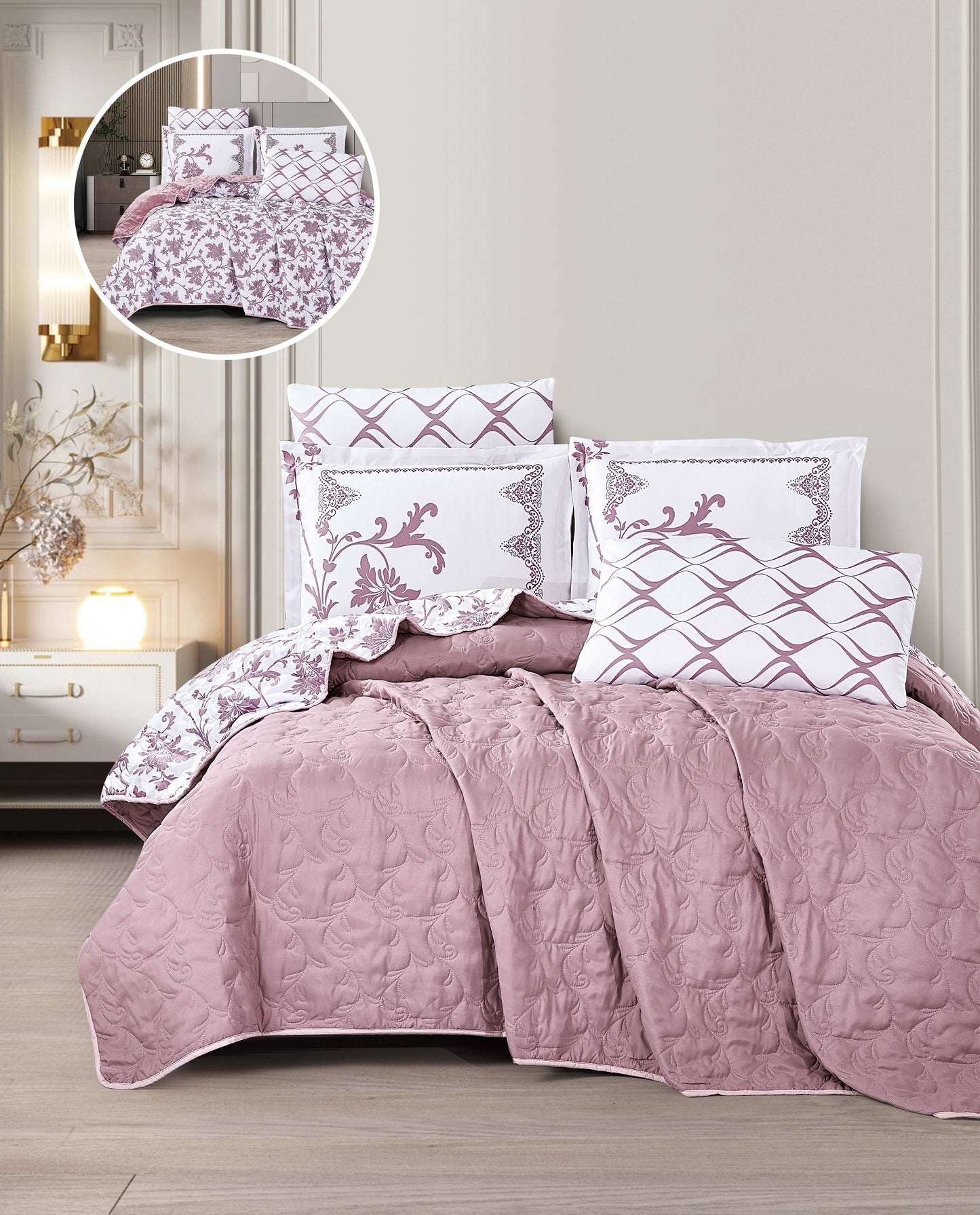 Cozy Reversible Microfiber Bedspread Set | Soft Green & White Floral Bedding with 1 Bedspread, 2 Pillowcases & 2 Shams | Lightweight All-Season Comforter for Bedroom Décor | Twin, Full, Queen, King, Cal King