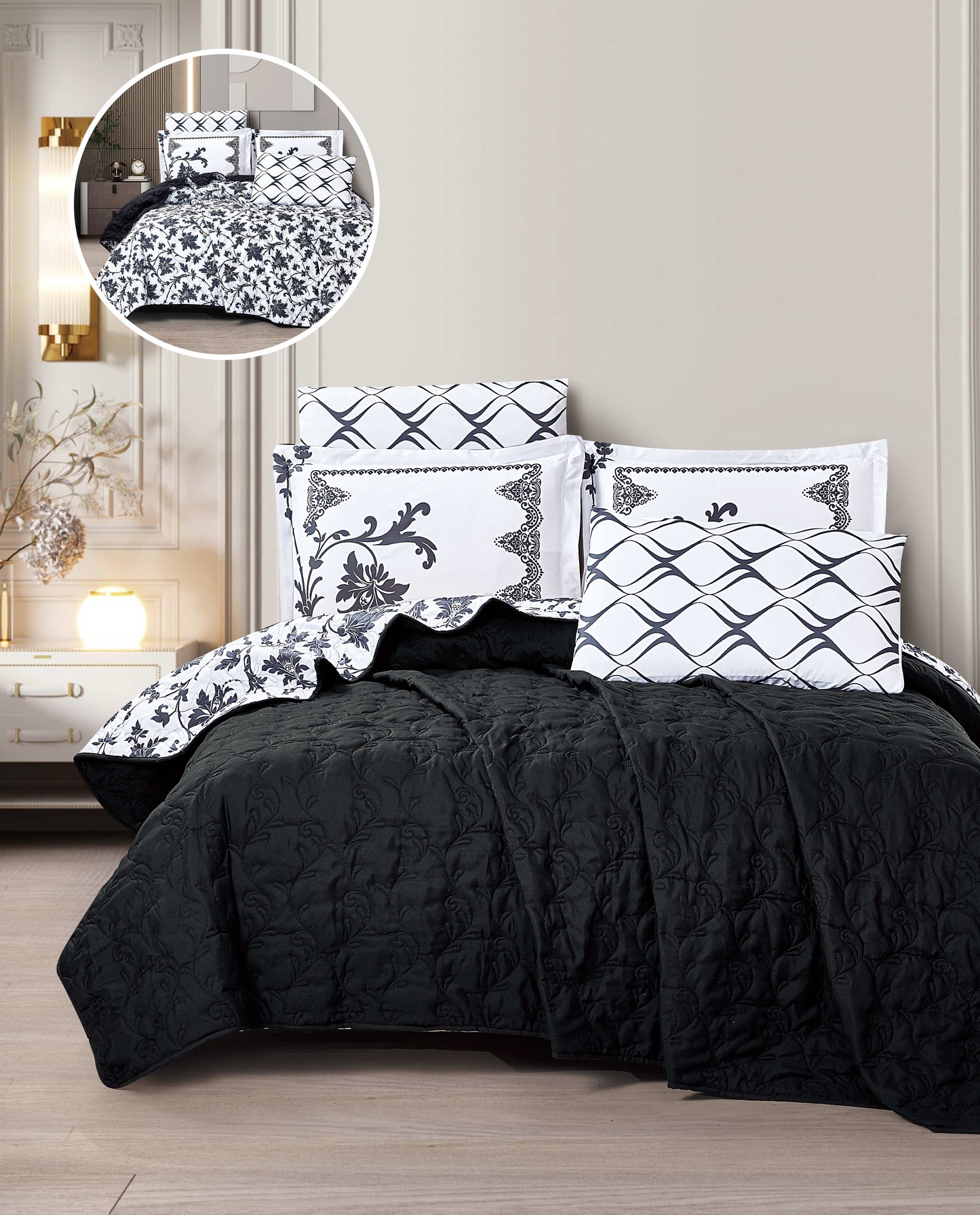 Cozy Reversible Microfiber Bedspread Set | Soft Green & White Floral Bedding with 1 Bedspread, 2 Pillowcases & 2 Shams | Lightweight All-Season Comforter for Bedroom Décor | Twin, Full, Queen, King, Cal King