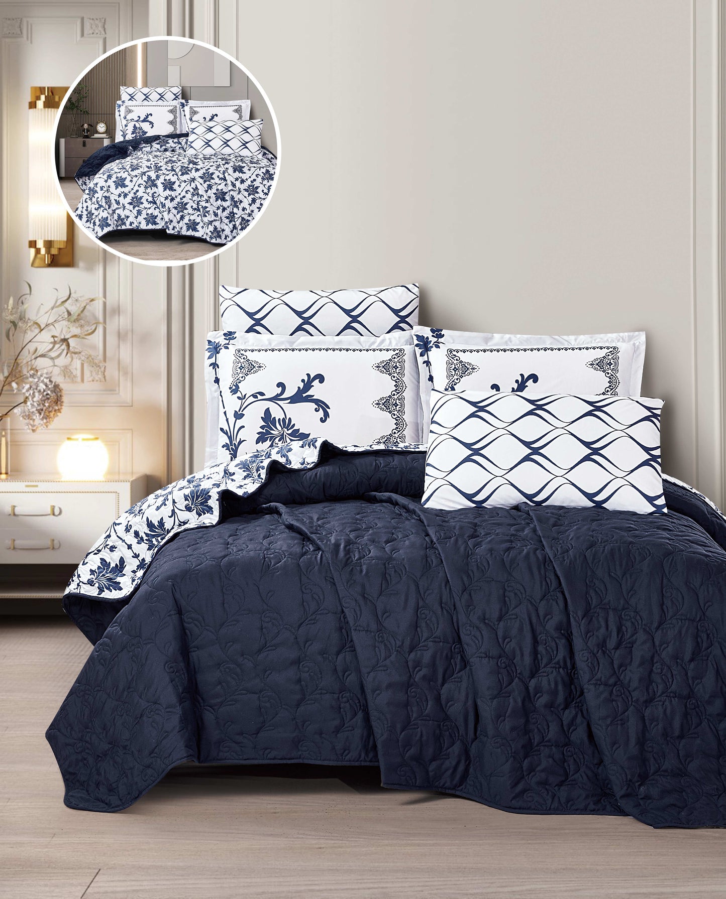 Cozy Reversible Microfiber Bedspread Set | Soft Green & White Floral Bedding with 1 Bedspread, 2 Pillowcases & 2 Shams | Lightweight All-Season Comforter for Bedroom Décor | Twin, Full, Queen, King, Cal King