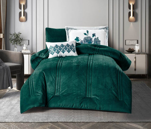 A dark green vertical stripe comforter set on a bed, with two decorative pillows, in a room with gray walls and a rug.