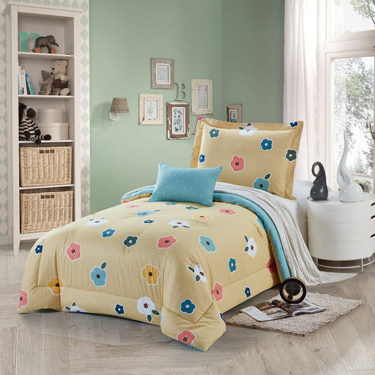 A bedding set with a floral petal print, displayed in a bedroom setting, including a comforter, pillows, and a bedsheet.
