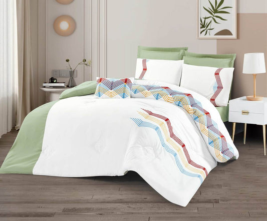 A multicolor striped bedding set displayed on a bed, with a white, green, and multicolored striped design.