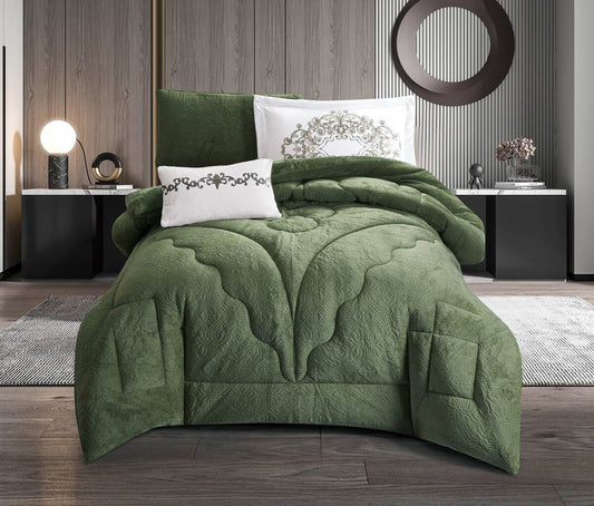 An emerald green quilted luxury comforter set displayed on a bed, with additional details such as pillows and a headboard, in a room setting.