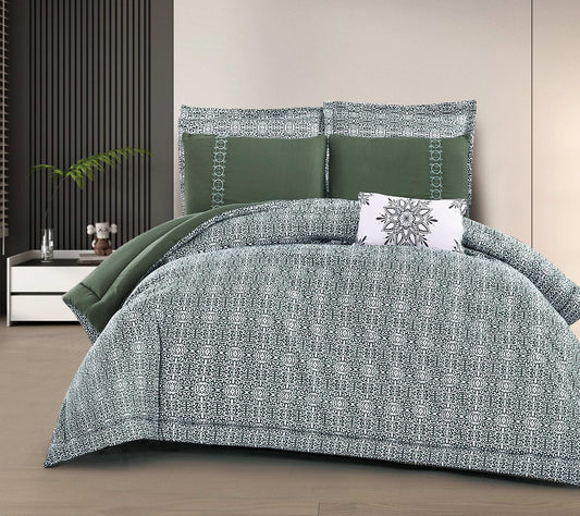 A bedding set with a floral design, featuring a comforter, pillows, and a bedsheet, in green and white colors, displayed on a bed.